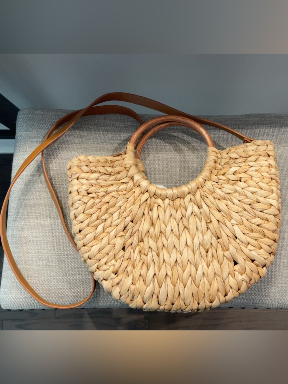 Handwoven Straw Crossbody Tote with Leather Strap - Natural